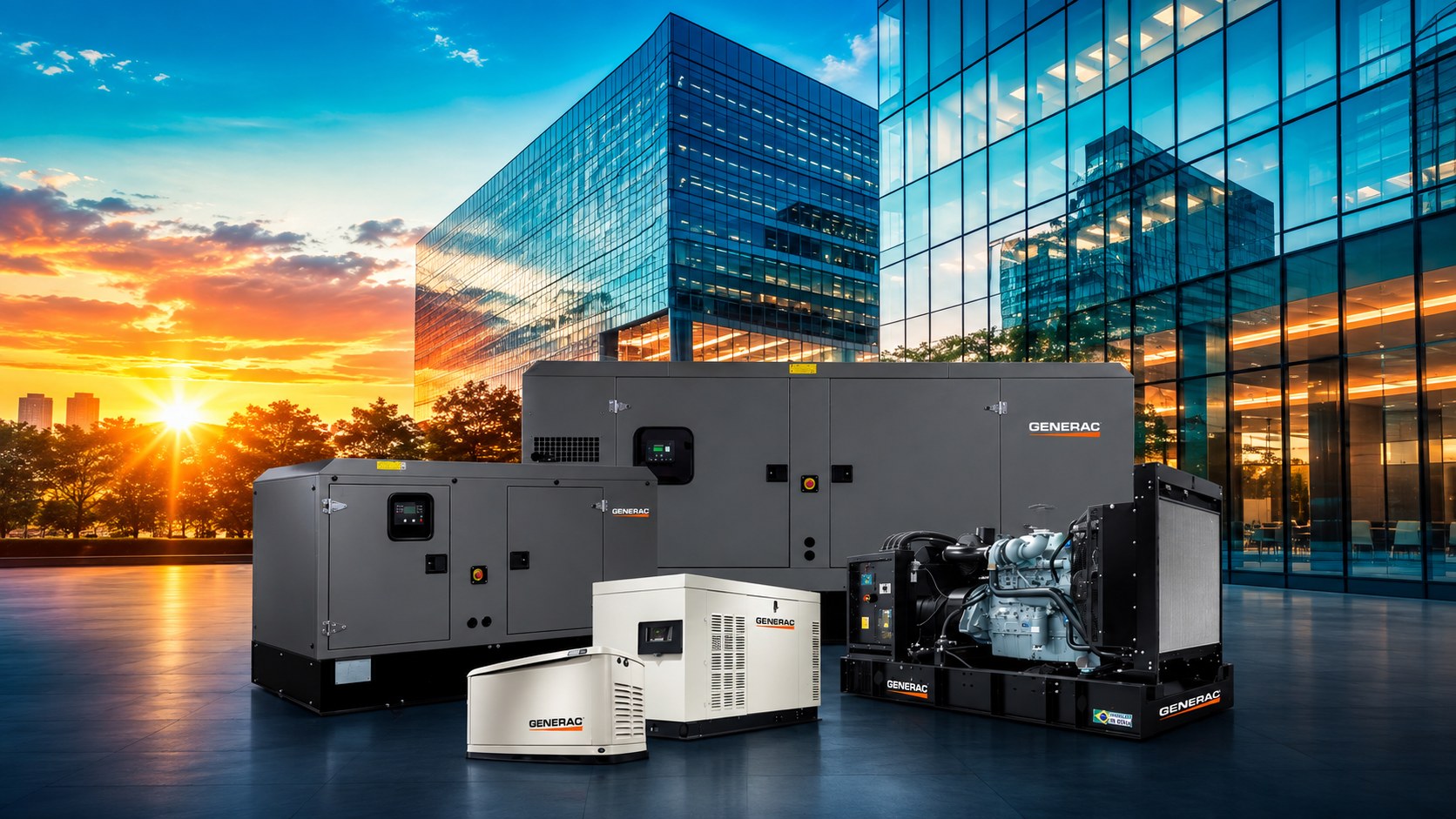 Linha de geradores Generac em frente a empreendimento corporativo